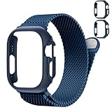 SOLOLUP Milanese Loop mit Schutzhülle für Apple Watch Armband Series 11 10 9 8 7 6 5 4 3 SE 3/2,Edelstahl Milanaise Magnetisch Band für iWatch 38/40/41/42 mm-S 11/10,42mm PC Hülle(No Screen) Blau