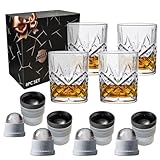 OLD BARREL Whiskey Glasses Set of 8 (4 Glasses with 4 Ice Ball Molds) 10oz Old Fashioned Crystal Glasses Gift Box – Bourbon, Scotch, Cocktail Rocks Glas – Gifts for Men, Dad, Birthday, Father’s Day