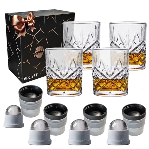 OLD BARREL Whiskey Glasses Set of 8 (4 Glasses with 4 Ice Ball Molds) 10oz Old Fashioned Crystal Glasses Gift Box – Bourbon, Scotch, Cocktail Rocks Glas – Gifts for Men, Dad, Birthday, Father’s Day