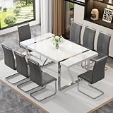 White Dining Table Set for 8，Rectangular MDF Kitchen Table and Leather Dining Chairs Set of 8, 9 Piece Dining Room Table Set，Modern Metal Frame Dinner Table Set 8 with Metal Frame For Kitchen