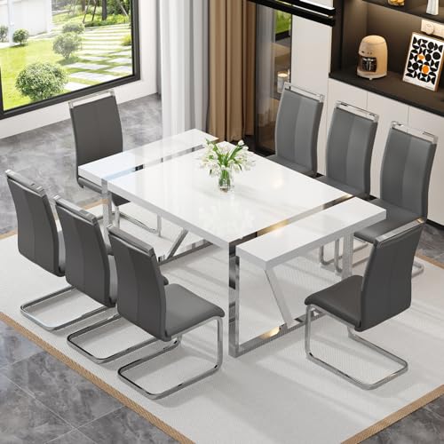 White Dining Table Set for 8 with Wood Base