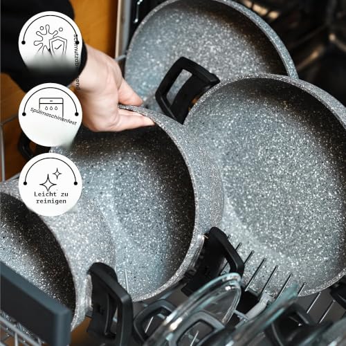 Foto von KARACA Gris Bio Granit 7-Teiliges, Topfset/Pfannensets, Antihaftbeschichtung, Topf Pfannenset mit Glasdeckeln, Kochgeschirr Set, Kochtopfsets, 3 Topf mit Glasdeckel + Pfannen