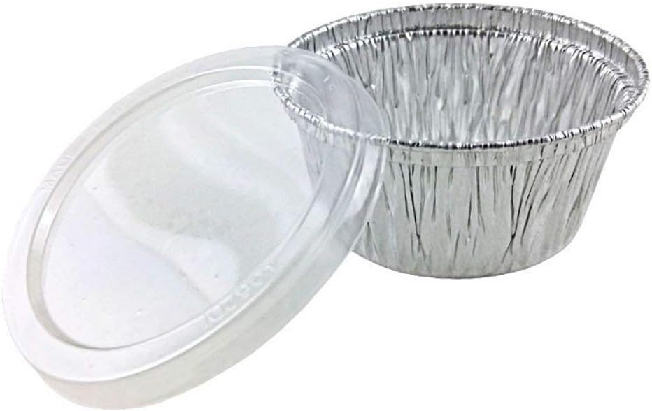 100-Pack Disposable Muffin Cups (4-oz) –With Plastic Lids- Premium Food-Grade Quality Aluminum Cupcake Tip Pan Ramekin Holders – Accommodates Hot/Cold, Cooked & Baked Food –Grease Proof and Stack-able