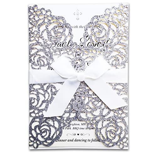 FASTERCY 50PCS 5“x 7.28” Wedding Invitations Cards BLANK Laser Cut Rose Flowers with Ivory Ribbon and Envelopes for Qinceanera Engagement Birthday Bridal Shower Party Card (Silver Glitter) by FASTERCY - Used condition - US$23.75