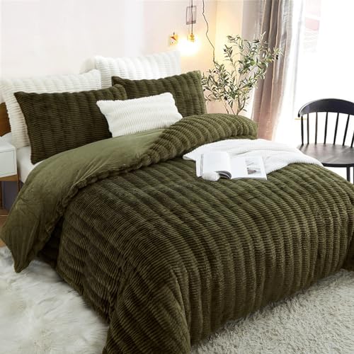 Lanqinglv Plush Bed Linen 135 x 200 cm Green Dark Green Fluffy Long Hair Faux Fur Winter Bed Linen Warm Cosy Flannel Fleece Cashmere Touch Duvet Cover with Zip and 1 Pillowcase 80 x 80 cm