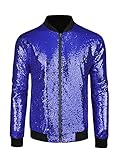 Lars Amadeus Men's Varsity Jacket Party Disco Shiny Sparkly Glitter Bomber Blue Sequins Jacket Large