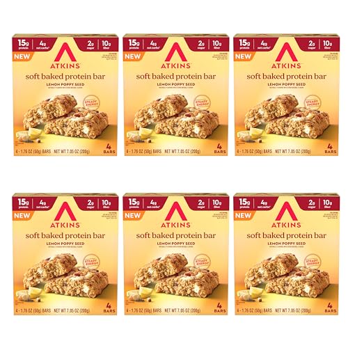 Image of Atkins Soft Baked Protein Bars, Lemon Poppyseed, 15g Protein, 2g Sugar, Excellent Source of Fiber, Low Carb, 6 Packs (4 Bars Each)