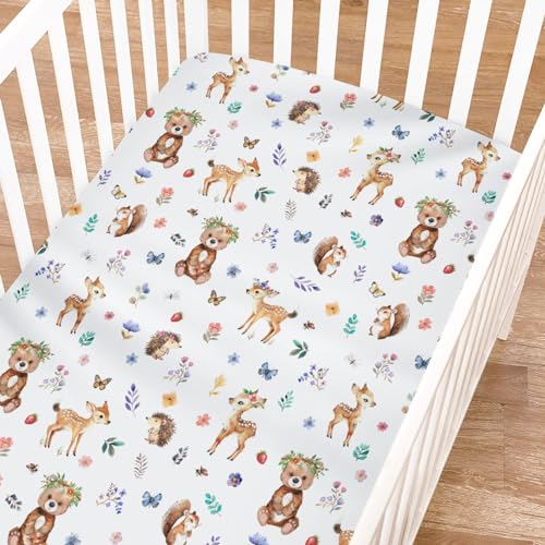 Image of Cute Animals Fitted Baby Crib Sheet for Boy Girl 52 inchx28 inch Bear Squirrel Deer Hedgehog Floral Leaves Soft Breathable Baby Nursery Bed Sheet Fits Standard Crib and Toddler Bed Mattresses