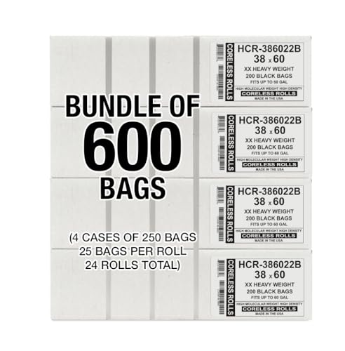 Image of Aluf Plastics High Density Trash Bags, 60 Gallon, 600 Count, 22 Micron (eq), 38 inch x 60 inch, Black, for Bathroom, Office, Industrial, Commercial, Janitorial, Municipal, Recycling