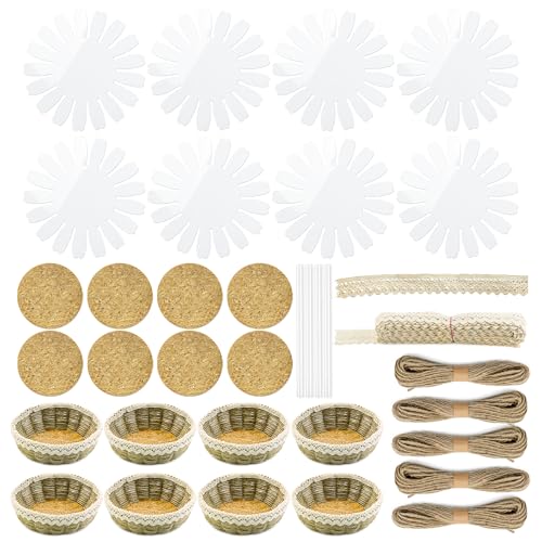 AOUXSEEM 8 Sets Basket Weaving Craft Kit for Beginners DIY Burlap Style Desk Storage Small Parts Candy Cookies Bowls 8 inches Plastic Base and 109yd Jute Twine and Cork Linings & Lace