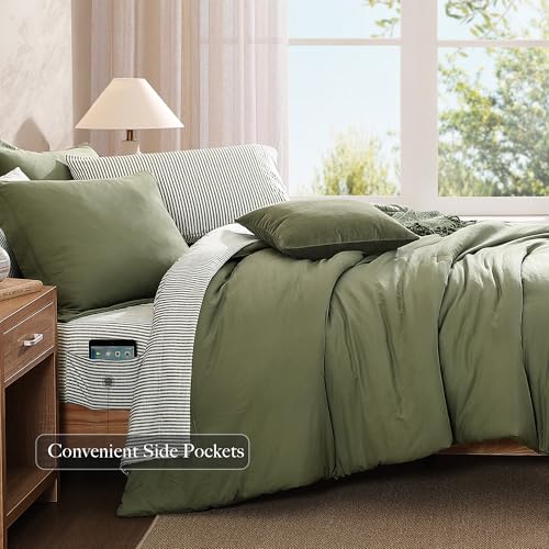 Image of Monbix Full Size Comforter Sets-7 Pieces Soft Bed in a Bag Full Bedding Set | All Season Olive Green Prewashed Comforter Bed Set with Striped Sheets, Pillowcases & Shams