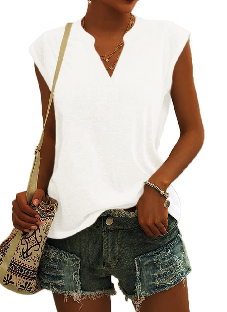 Cicy Bell Bluse Damen Elegant Ärmellose T-Shirt V Ausschnitt Cap Tops Shirt T-Shirts für Damen Sommer Hemden Oberteile Weiß XL