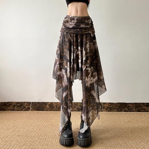 Women's Brown Mesh Y2K Skirts Gothic Irregular Cute Skirts Ruched Waist Club Rave Mini Skirts2