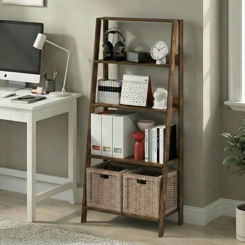 Image of Furinno Ladder 5-Tier Book Shelf, Leaning Standing Shelf, Amber Pine | 13 x 23.6 x 53.5, Open Frame Design Bookshelf, Display Storage Shelves, for Living Room, Home Office
