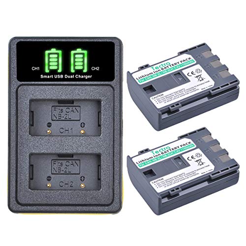 Tectra 2-Pack NB-2L NB-2LH Battery and LED Dual USB Charger Kit for Canon NB-2L NB-2LH BP-2L5 BP-2LH and Canon DC301 DC310 DC320 DC330 DC410 DC420 Elura 40 50 60 65 70 80 85 90 EOS 350D 400D Camera