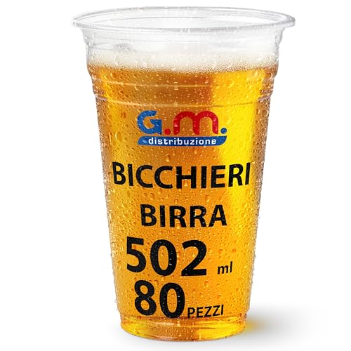 G.M. DISTRIBUZIONE 80 Bicchieri Birra da 500ml in PP Trasparente, Bicchieri Usa e Getta per Birra tacca 4cl, Bicchieri Monouso per Bar e Lounge Bar