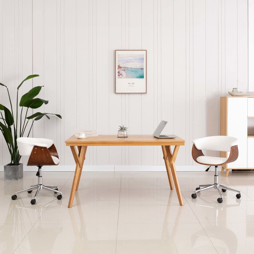 Silla de oficina giratoria con función de silla giratoria y mecanismo giratorio en madera curvada blanca y piel sintética para oficina y salón