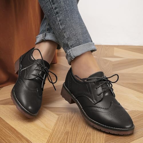 Fashion Women Oxford Shoes Block Heel Lace Up Derby Casual Brogue Shoes Brown Sneaker3