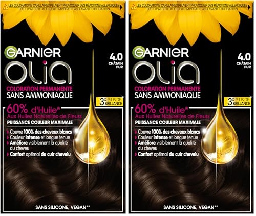 Garnier Coloration Permanente - Sans Ammoniaque - Aux Huiles Naturelles de Fleurs - Châtain Pur (4.0) - Olia (Lot de 2)