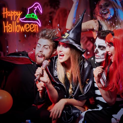 Image of Happy Halloween Neon Sign Mysterious Purple Green Hat LED Neon Light for Wall Decor Dimmable USB Powered Halloween Light Up Sign for Halloween Decor Home Spooky Party bedroom Decor(16.5 * 12.6 In)