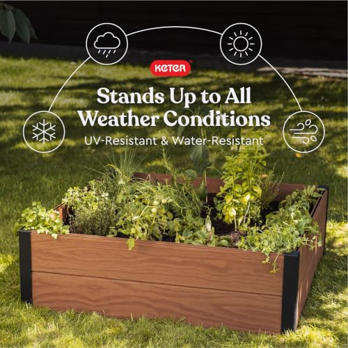 Keter 48" X 48" inches Wood Look Raised Garden Bed, Durable Outdoor Herb Garden Planter for Vegetables, Flowers, and Succulents, Brown - Image 4
