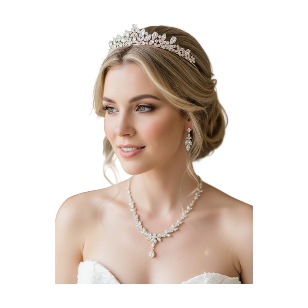 Schmuckset Damen Gold Zirkonia AAA+ – Halskette Ohrringe Armband & optional Diadem – Elegantes Brautschmuck Set für Hochzeit Abiball Kommunion Ball