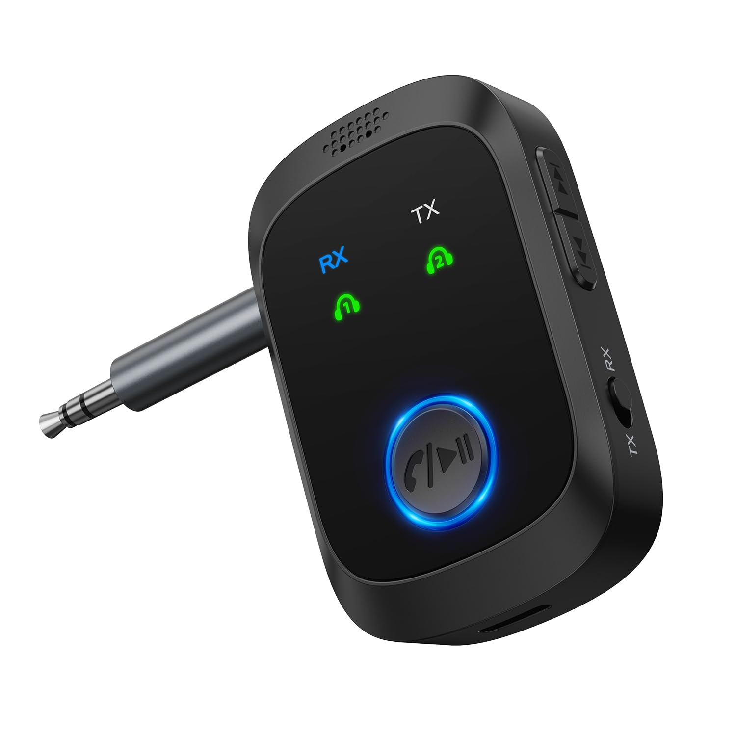 ORIA Transmisor Receptor Bluetooth 5.4, Adaptador Bluetooth Auxiliar Portátil con Doble Conexión, Baja Latencia, Transmisor de Audio Inalámbrico de 3.5 mm para Coche, TV, Pc