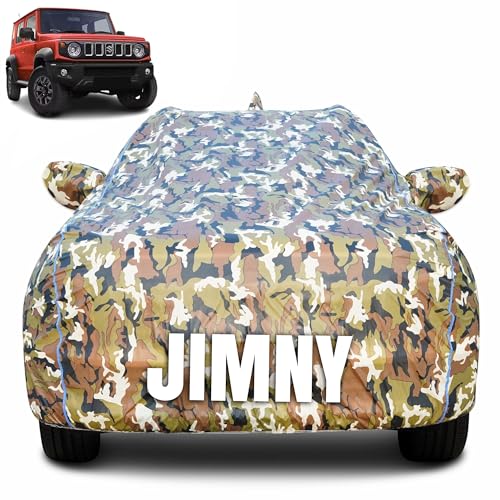 Image of 100% Waterproof Car Body Cover for Maruti Suzuki Jimny with Mirror Pocket (Heat & UV Resistant, Triple Stitched, Soft Lining, Bottom Elastic & Piping) Camouflage, Military Print