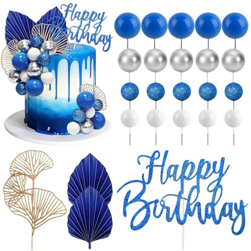 Boule Decoration Gateau Bleu et Argent Blanc 24 Pièces Boule Décoration Gâteau Blanche Happy Birthday Decoration Gateau Feuilles de Palmier et de Ginkgo...