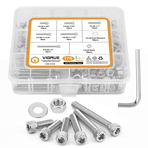 1/4-20 Hex Socket Head Cap Screw, VIGRUE 175PCS UNC Hexagon Bolts Washers Nuts Assortment Kit Machine Screws Set Stainless Steel 18-8 (304), Length from 5/8" to 2" 1/4-20 socket silver