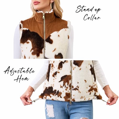 Women's Fuzzy Cow Print Vest Cozy Lightweight Sherpa Fleece Vest for Women Sleeveless Outerwear with Pockets4