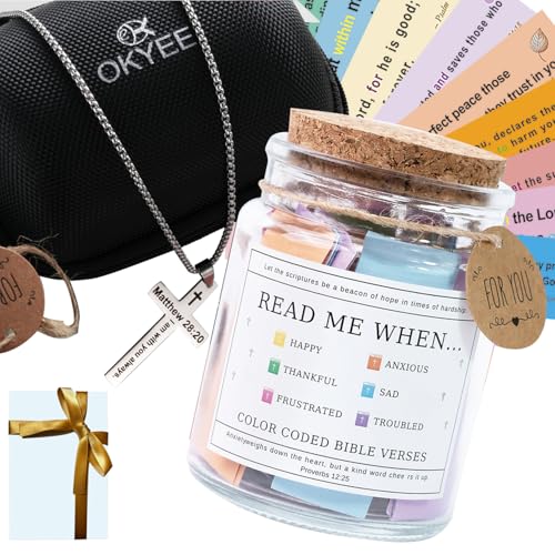 OKYEE Bible Verse Jar with Cross Necklace - 100 Waterproof Scripture Cards, Inspirational Christian Gifts for Women, Men, Mom - Hope & Faith Jar for Birthday, Baptism, Devotion - Includes Gift Box