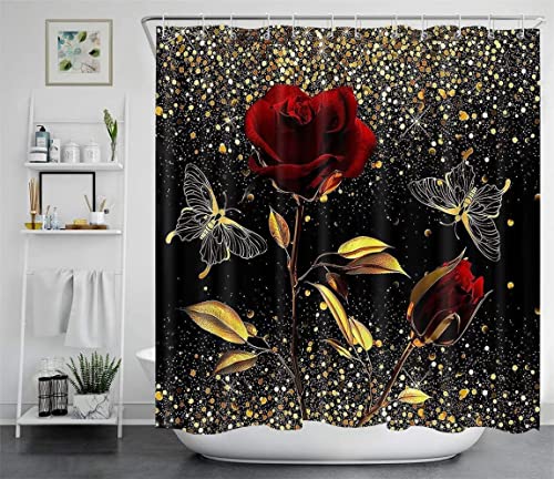 4 Pcs Red Rose Shower Curtain Set With Rugs, Toilet Lid Cover Bath Mat, Floral Shower Curtain For Bathroom, Fabric Romantic Rustic Shower Curtain Set 4Pcs For Bathroom Decor #TOP1