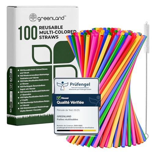 Greenland – 100 Pailles Réutilisables Colorées avec Brosse – 21 cm de long, 6 mm de diamètre – Idéales pour les cocktails, le lait, les jus et le thé