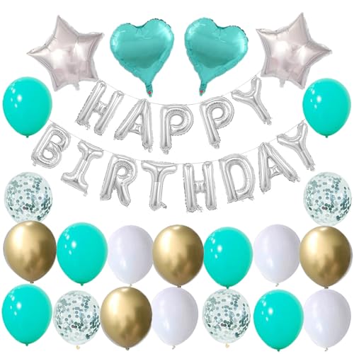 Ohighing 35pc Silver & Turquoise Blue Birthday Balloon Set: Happy Birthday Banner, Stars, Hearts & Latex Balloons - Perfect for Women's Birthdays