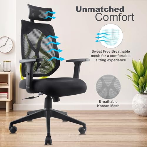 Image of ASTRIDE Ergofit Ergonomic Office Chair for Home | 3-Years Warranty | 2D Headrest, Adjustable Arms & Lumbar Support | Tilt Lock Mechanism [Heavy Duty Nylon Base, Neon Green-Black]