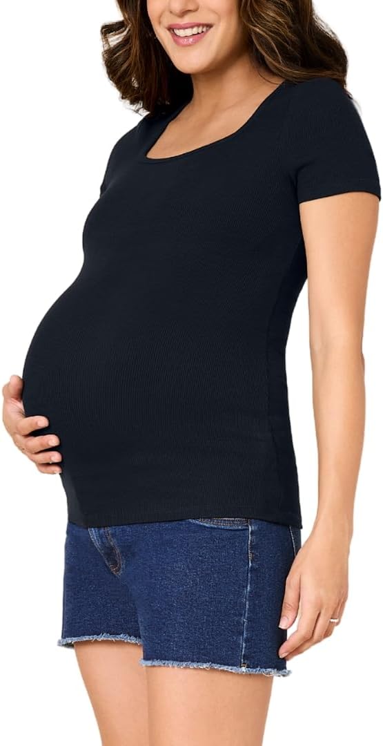 Motherhood Maternity Women’s Square Neck Rib Knit Short Sleeve Pregnancy Top