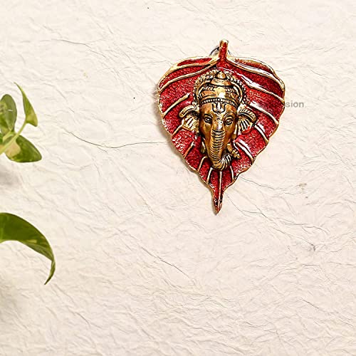 Image of ascension Ganpati Metal Green Lord Leaf Ganesh Idol Patta Statue Decorative Wall Hanging Showpiece Figurine (Red) (Small)