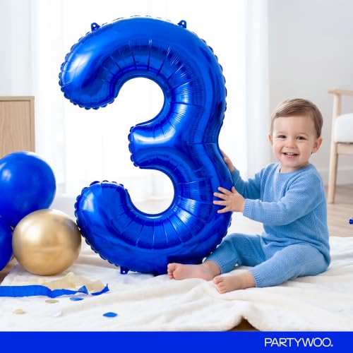 Image of PartyWoo Royal Blue Number 3 Balloon 40 Inch 25pcs Blue Star White Gold