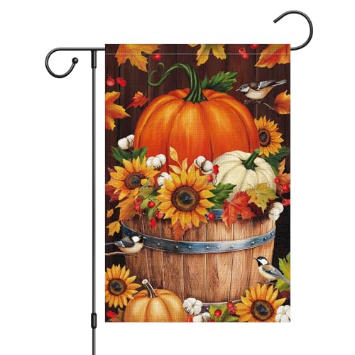 Wodison Fall Harvest Garden Flag 12x18 Inch Double Sided Outside Pumpkins Sunflowers Maple Leaves Fall Chickadee Wooden Barrel Yard Flag Farmhouse Thanksgiving Outdoor Seasonal Decor