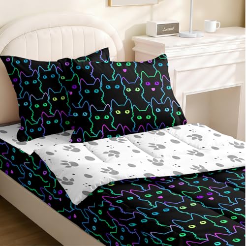 Image of Kids Comforter Set,Zipper Bedding Twin for Teen,Black Cats Printed Comforter Set with Paw Fitted Sheets and Pillowcases for All Season(Cats-C)