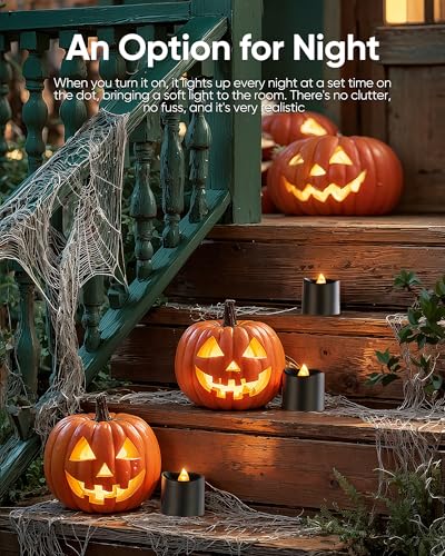 Image of Homemory 12Pack 400+Hour Remote Control Flameless Candles, 2 /4 /6 /8H Timer Led Votive Candles, Battery Operated Tea Lights for Wedding Table Centerpiece, Holidays, Halloween Pumpkins-Black Base
