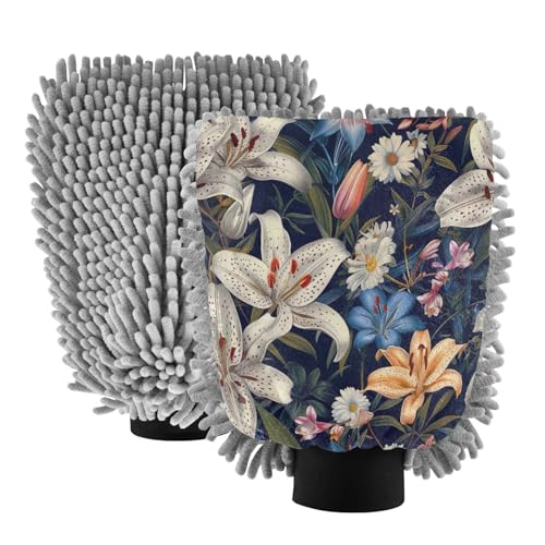 Kigai Beautiful Lily Flowers Car Wash Mitt Microfiber, 2Pcs Scratch Free Lint-Free, Premium Chenille Microfiber Mitt Car Wash Brush-L