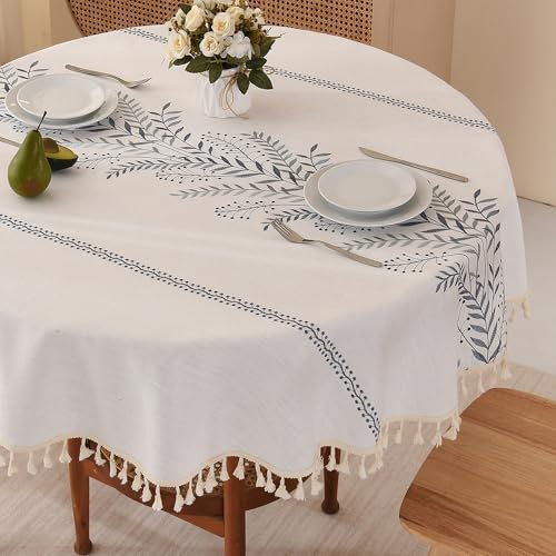 SUCHDECO Tischdecke Rund 120 cm Beige Tischdecke Leinen Baumwolle Runde Tischdecken Gartentischdecke mit Gestickte Blätter für Küche, Esstisch, Couchtisch, Gartentisch