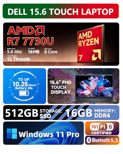 Image of Dell Inspiron 15 3535 Touchscreen Laptop - 20GB DDR4 RAM, 1TB SSD, 15.6 inch FHD WVA Display, AMD Ryzen 7 7730U,Windows 11 Pro, Copilot, Wi-Fi, Numeric Keypad, Webcam, for Business & Students