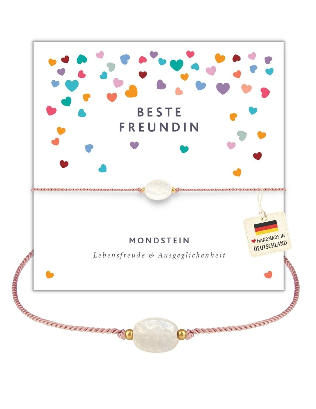 happymaker - Freundschaftsarmbänder 2er Set, Rosenquarz Armbänder Frauen, Edelstein Armband mit Goldperlen und exklusiver Geschenkverpackung, handmade in Deutschland (Beste Freundin/Mondstein)