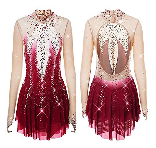 ZGDH Robe Patinage Artistique, Robe de Patinage Artistique, Dentelle à la Main Applique Fille et Femme Costume de Danse sur Glace Manches Longues, Costume de Patinage Rouge Cristal personnalisé Cover