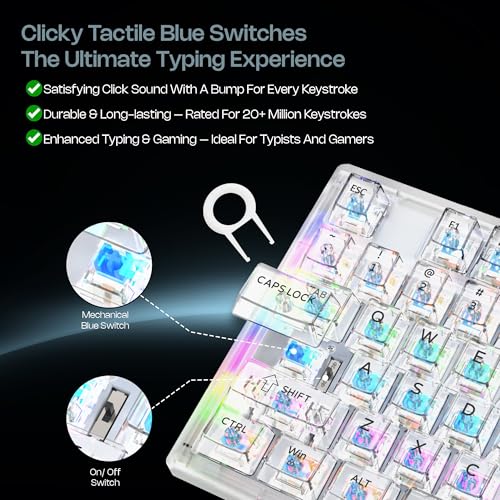 Image of Archer Tech Lab Astra M400 Mechanical Gaming Keyboard with 63 keys, 17 RGB modes, clicky blue switches, 26 anti-ghosting keys, 50M keystroke durability, 1.5m USB-C cable, Windows support (TRANSPARENT)