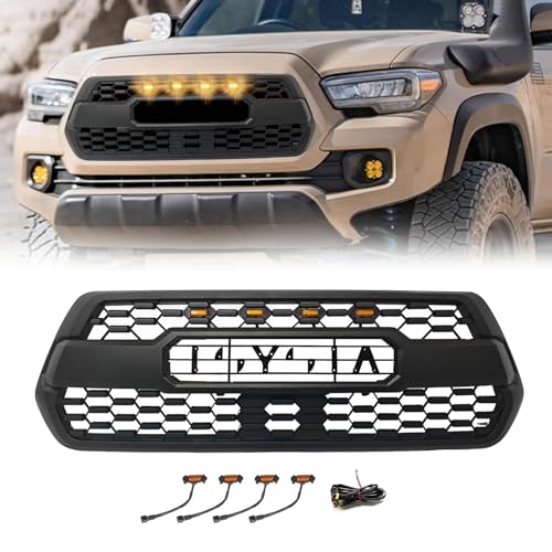 Front Grill for Toyota Tacoma SR/SR5/TRD 2016-2023 | Amber Lights, With Accessories Letters ABC Matte Black Bumper Grille