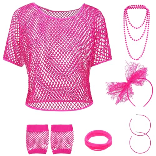 TYXHXTF 6 Piezas Disfraz Años 80 Mujer, Camiseta Rejilla Red de Neón, Guantes de Malla Pulsera Collares Pendientes Diadema para Traje de Fiesta, Cosplay